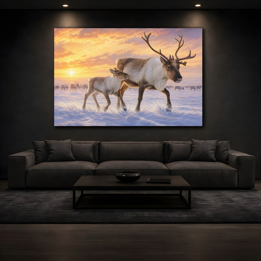 Mockup 3. Animals Reindeer Reindeer Winter Sunset shown as stretched canvas wall art