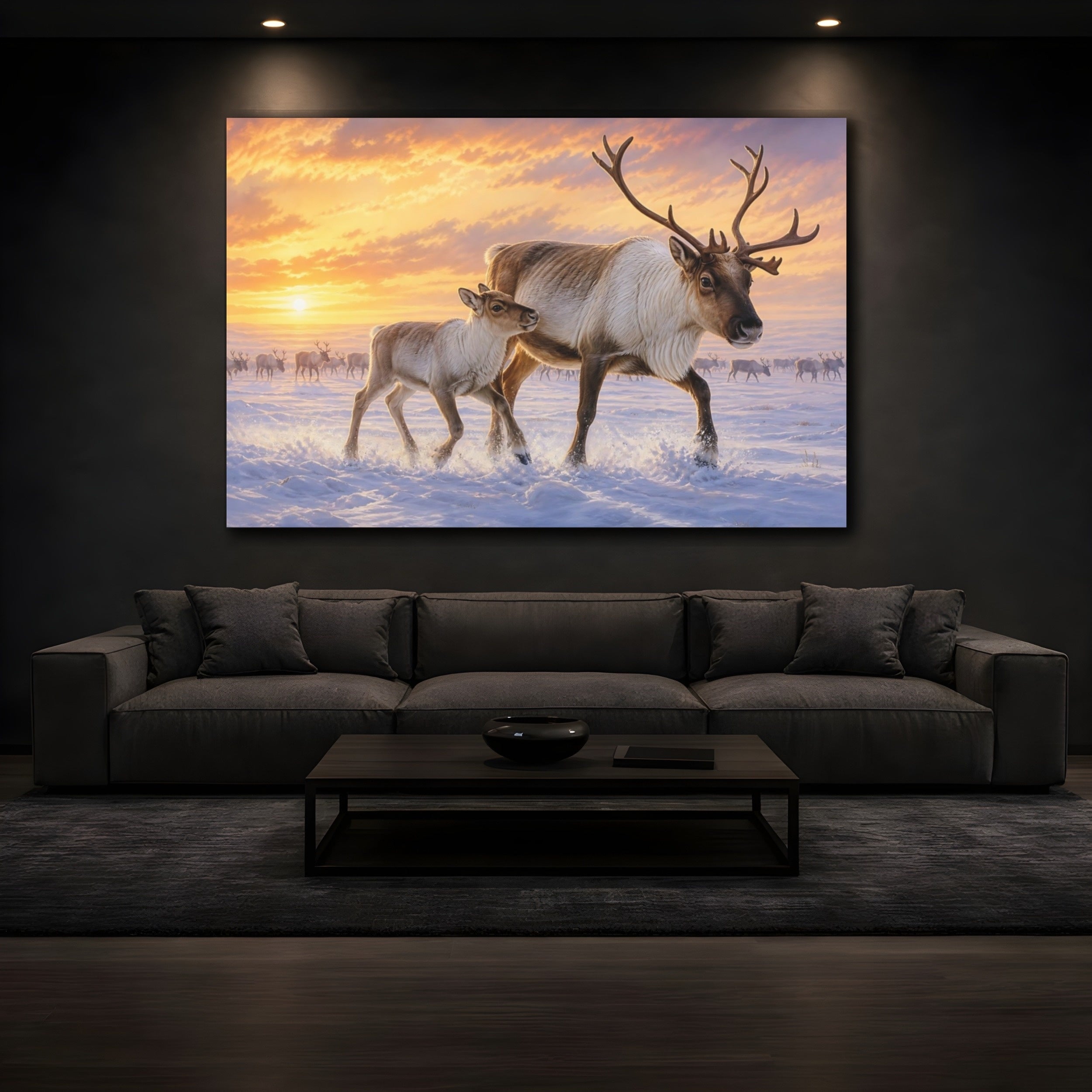 Mockup 3. Animals Reindeer Reindeer Winter Sunset shown as stretched canvas wall art