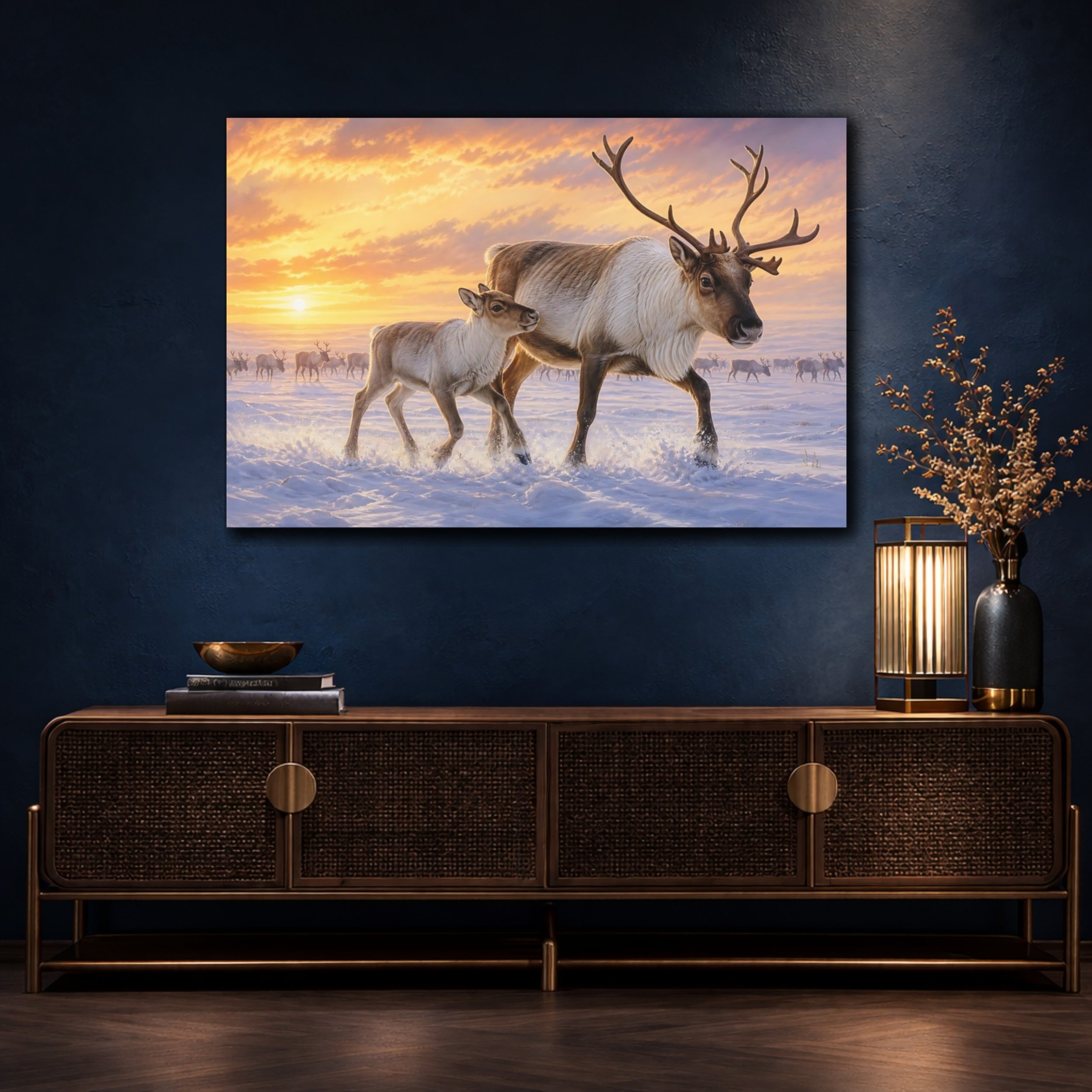 Mockup 4. Animals Reindeer Reindeer Winter Sunset shown as stretched canvas wall art