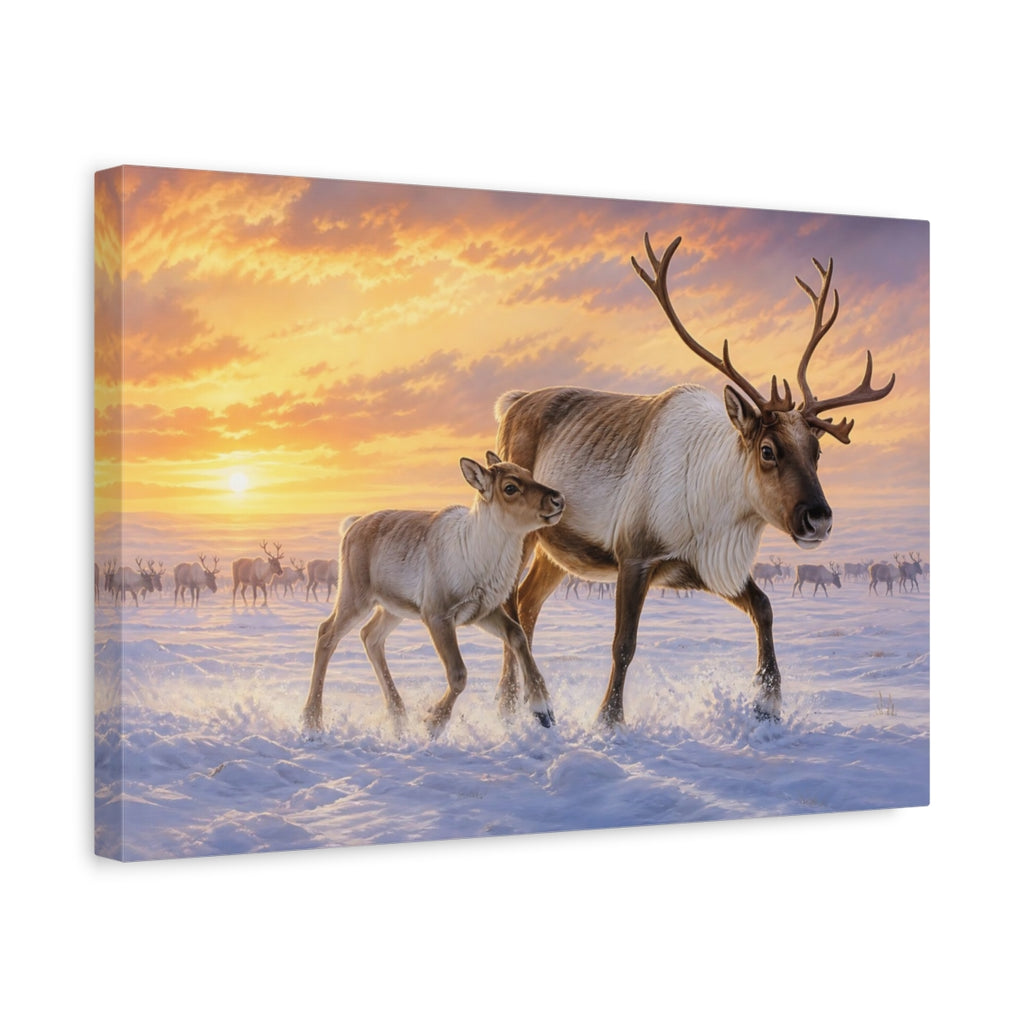 Side Mockup 4. Animals Reindeer Reindeer Winter Sunset shown as stretched canvas wall art