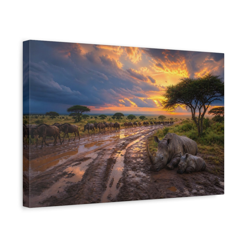 Side Mockup 4. Animals Rhino Family Orange Sunset Safari shown as stretched canvas wall art