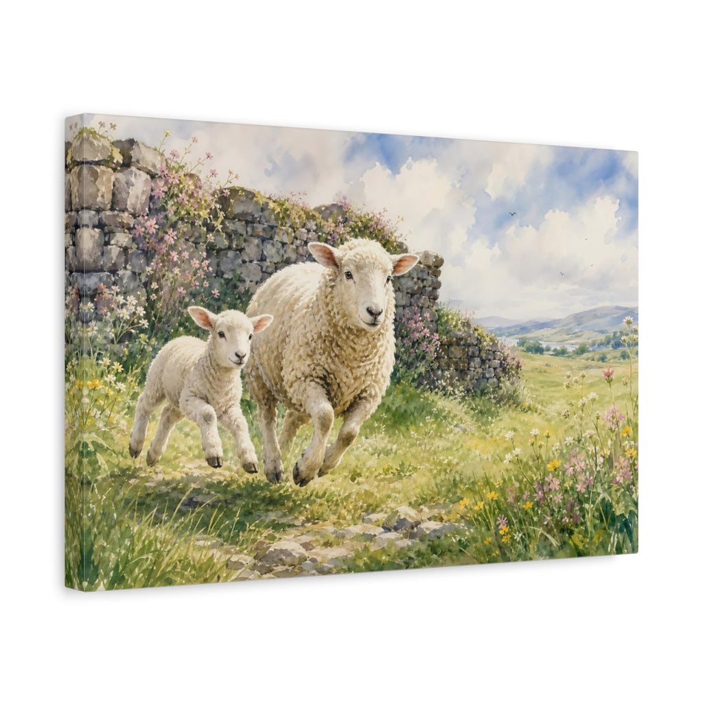 Side Mockup 4. Animals Running Sheep Pastoral Sheep shown as canvas print