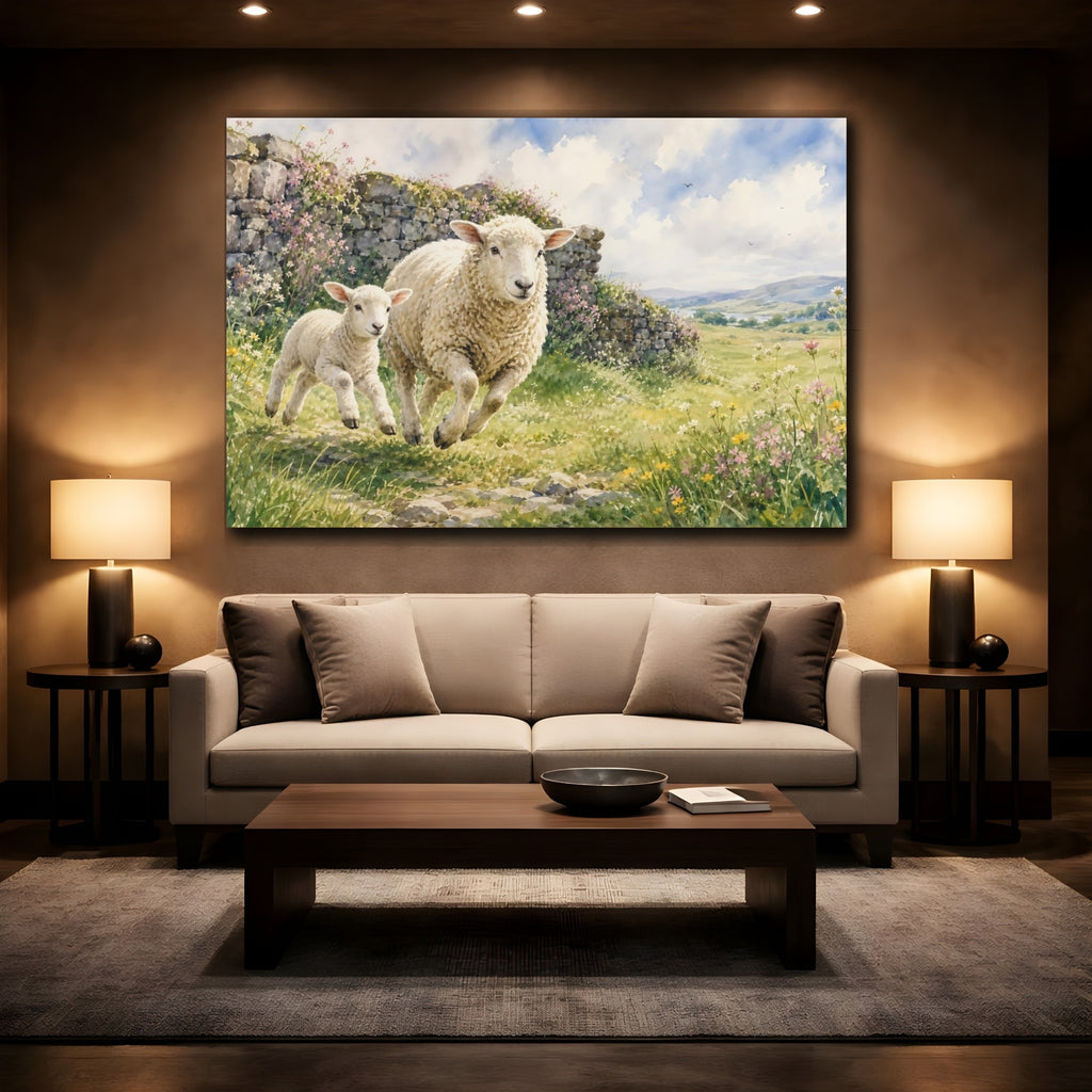 Mockup 2. Animals Running Sheep Pastoral Sheep shown as canvas print