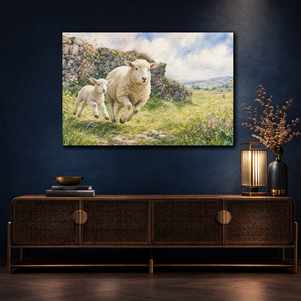 Mockup 4. Animals Running Sheep Pastoral Sheep shown as canvas print