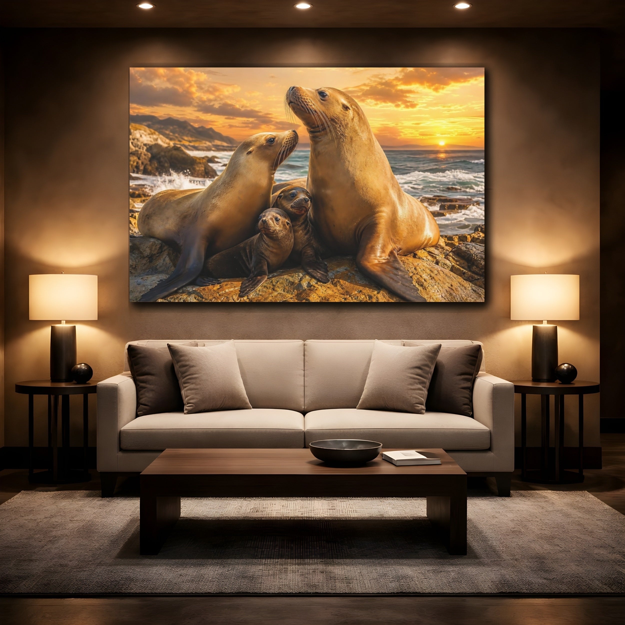 Mockup 2. Animals Sea Lions Warm Ocean Animals shown as stretched canvas wall art