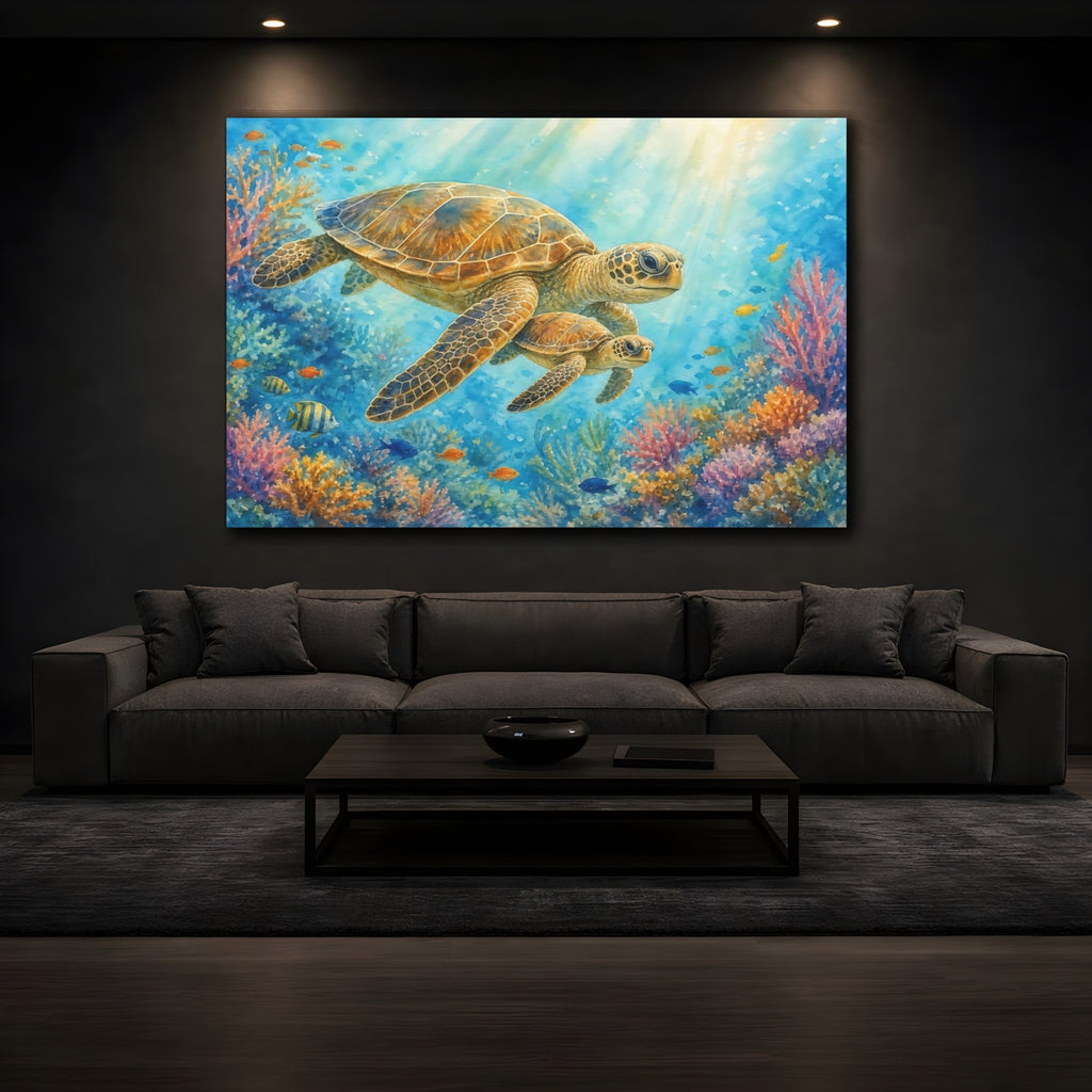 Mockup 3. Animals Sea Turtles Underwater Turtles shown as canvas print