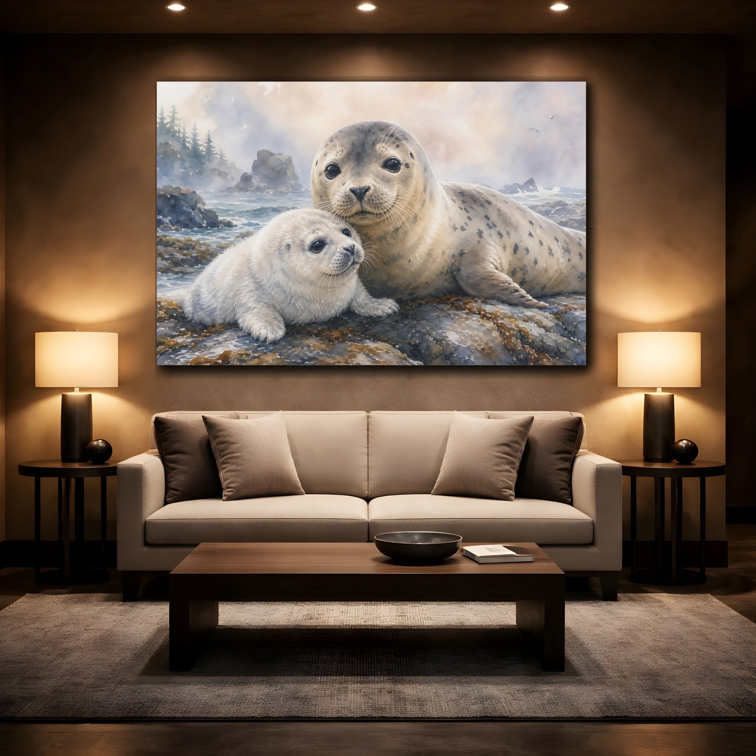 Mockup 2. Animals Seals Gray And Brown shown as canvas print