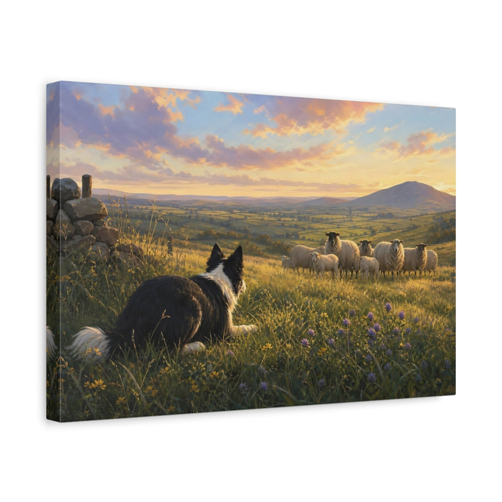 Side Mockup 4. Animals Sheepdog Green And Gold Landscape shown as stretched canvas wall art
