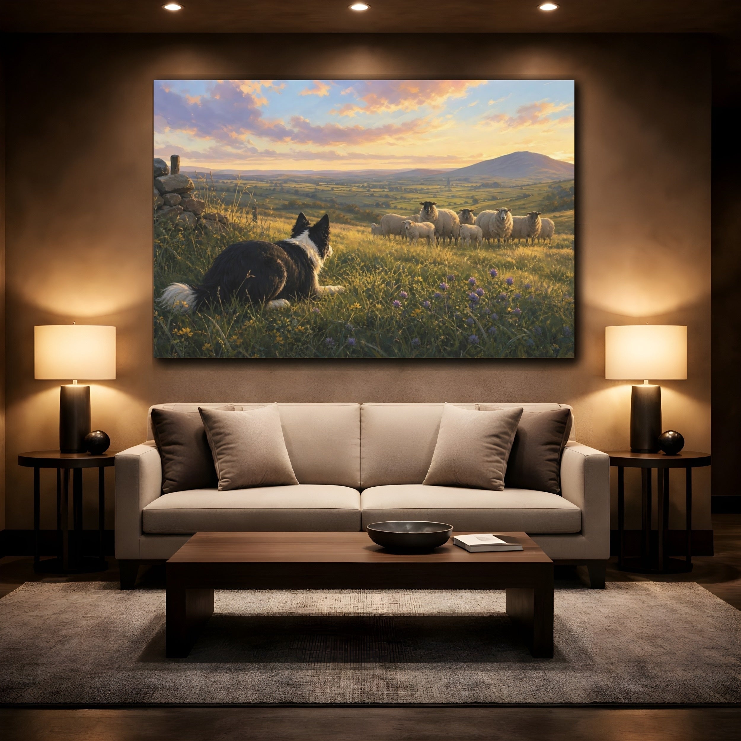 Mockup 2. Animals Sheepdog Green And Gold Landscape shown as stretched canvas wall art
