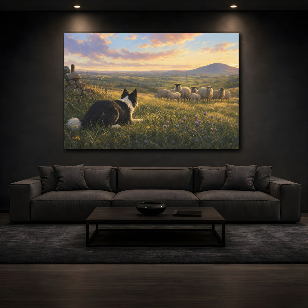 Mockup 3. Animals Sheepdog Green And Gold Landscape shown as stretched canvas wall art