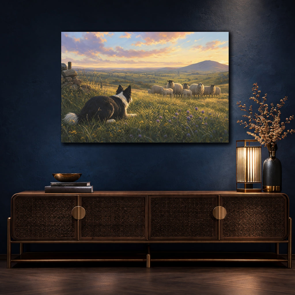Mockup 4. Animals Sheepdog Green And Gold Landscape shown as stretched canvas wall art