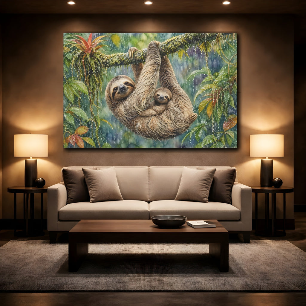 Mockup 2. Animals Sloths Brown Sloth shown as stretched canvas wall art