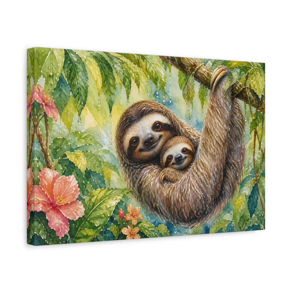 Side Mockup 4. Animals Sloths Watercolor Sloths shown as stretched canvas wall art