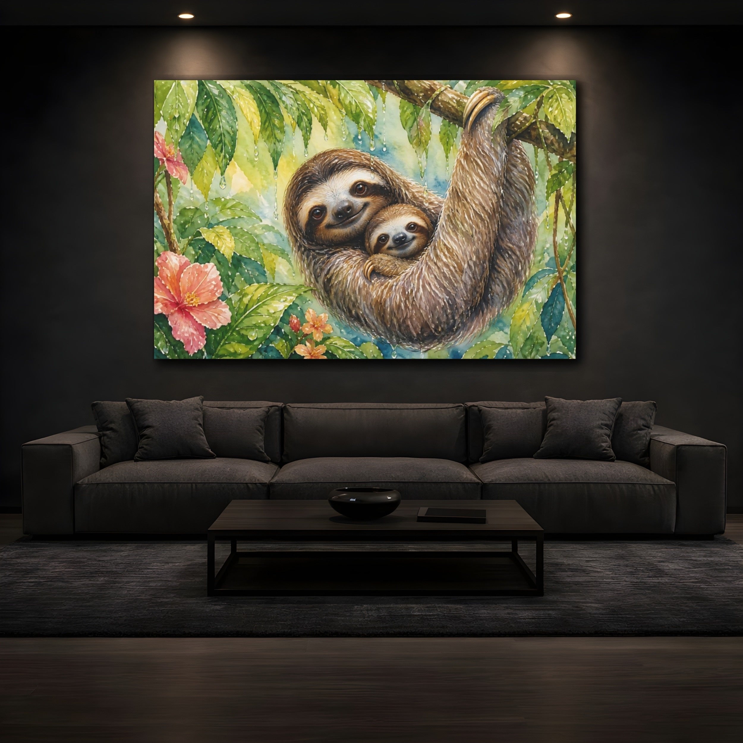 Mockup 3. Animals Sloths Watercolor Sloths shown as stretched canvas wall art