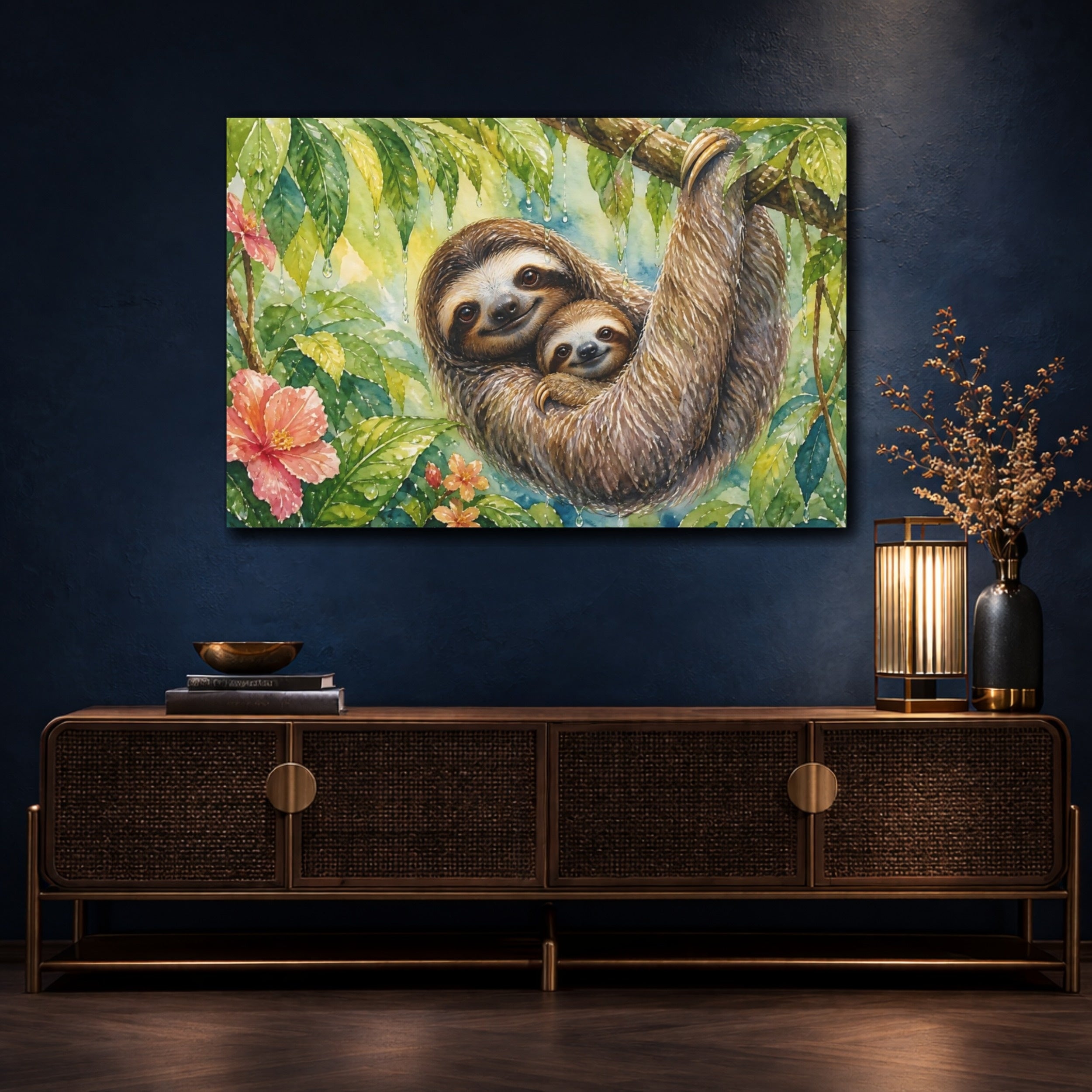 Mockup 4. Animals Sloths Watercolor Sloths shown as stretched canvas wall art