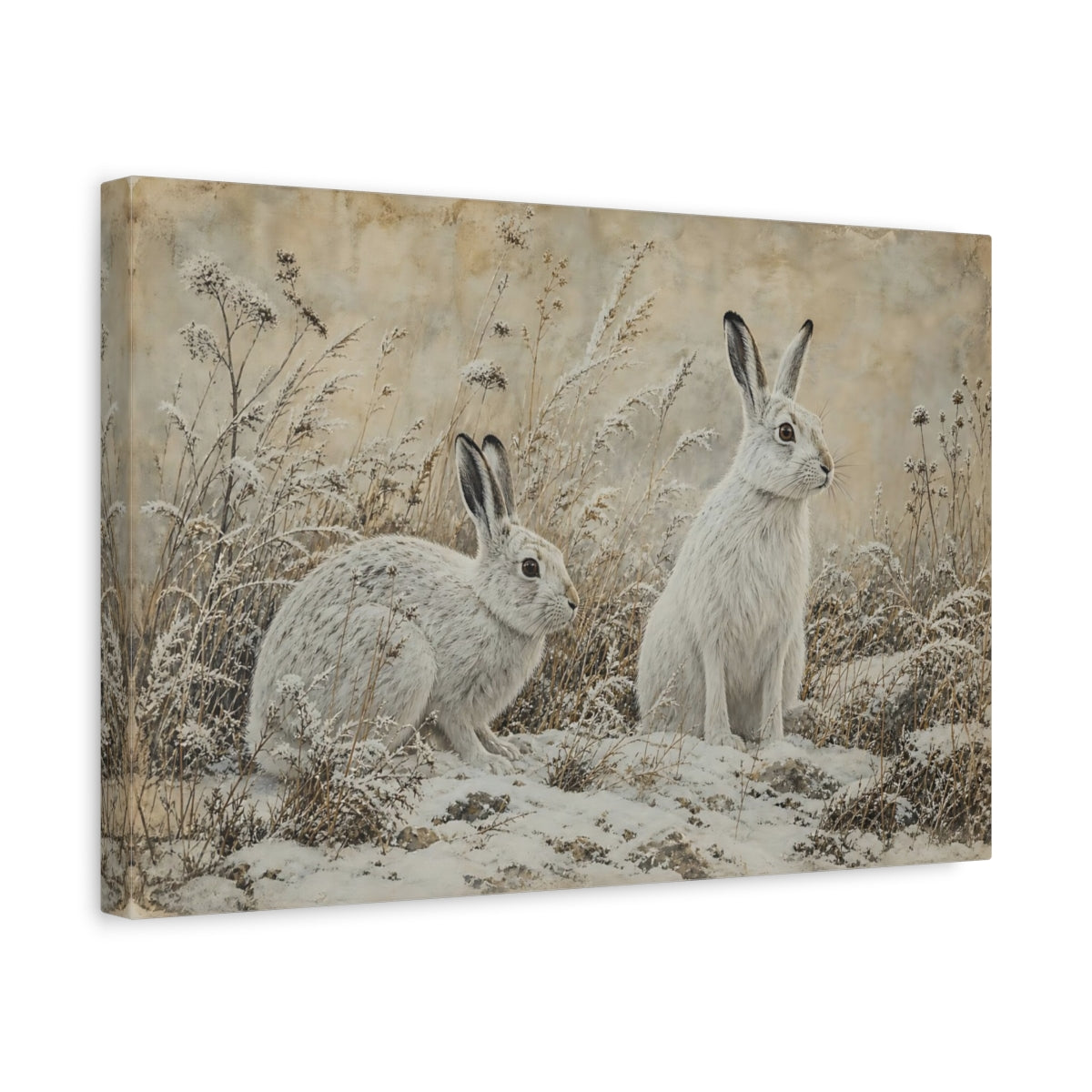 Side Mockup 4. Animals Snow Hares White Hares shown as canvas print