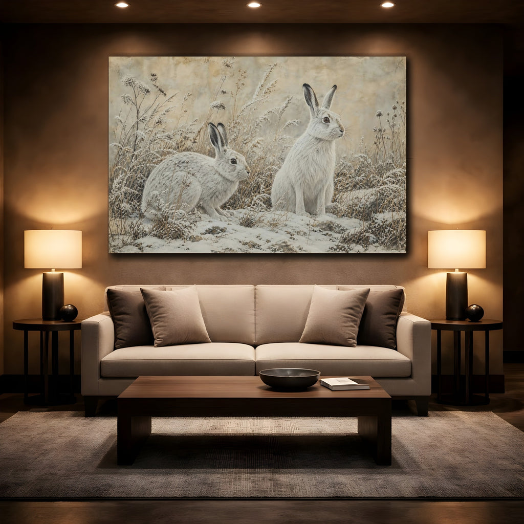 Mockup 2. Animals Snow Hares White Hares shown as canvas print