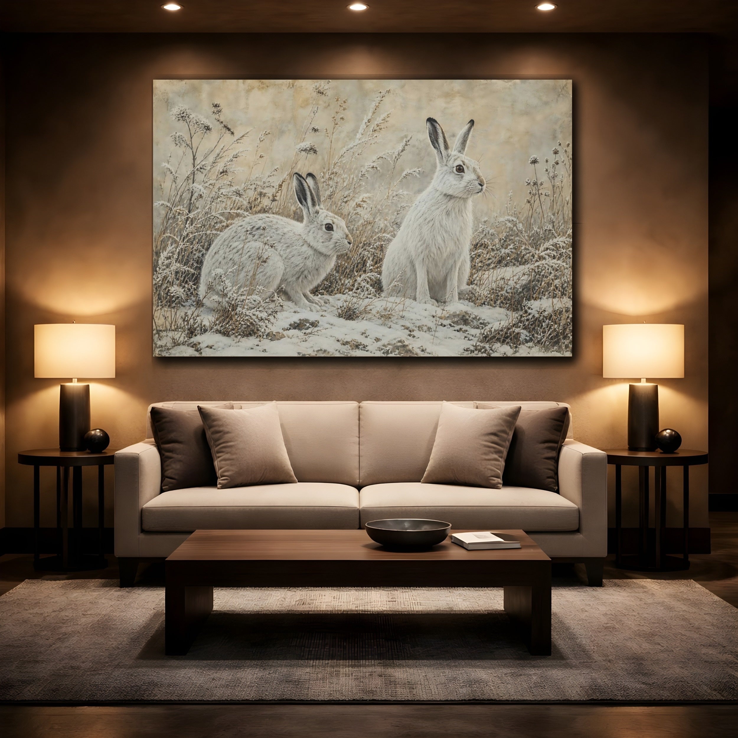 Mockup 2. Animals Snow Hares White Hares shown as canvas print