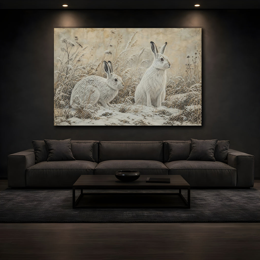 Mockup 3. Animals Snow Hares White Hares shown as canvas print
