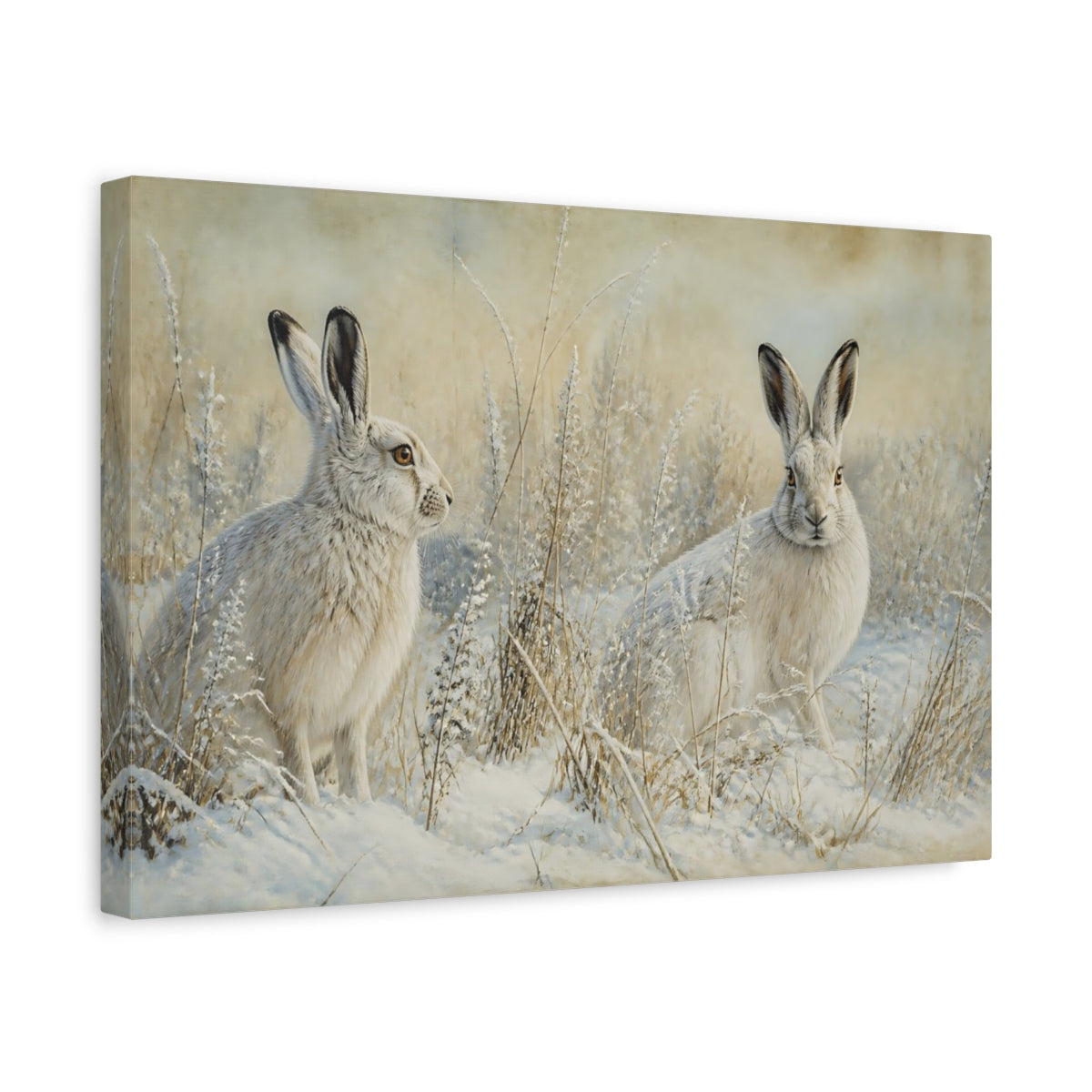 Side Mockup 4. Animals Snow Hares Winter White Hares shown as canvas print