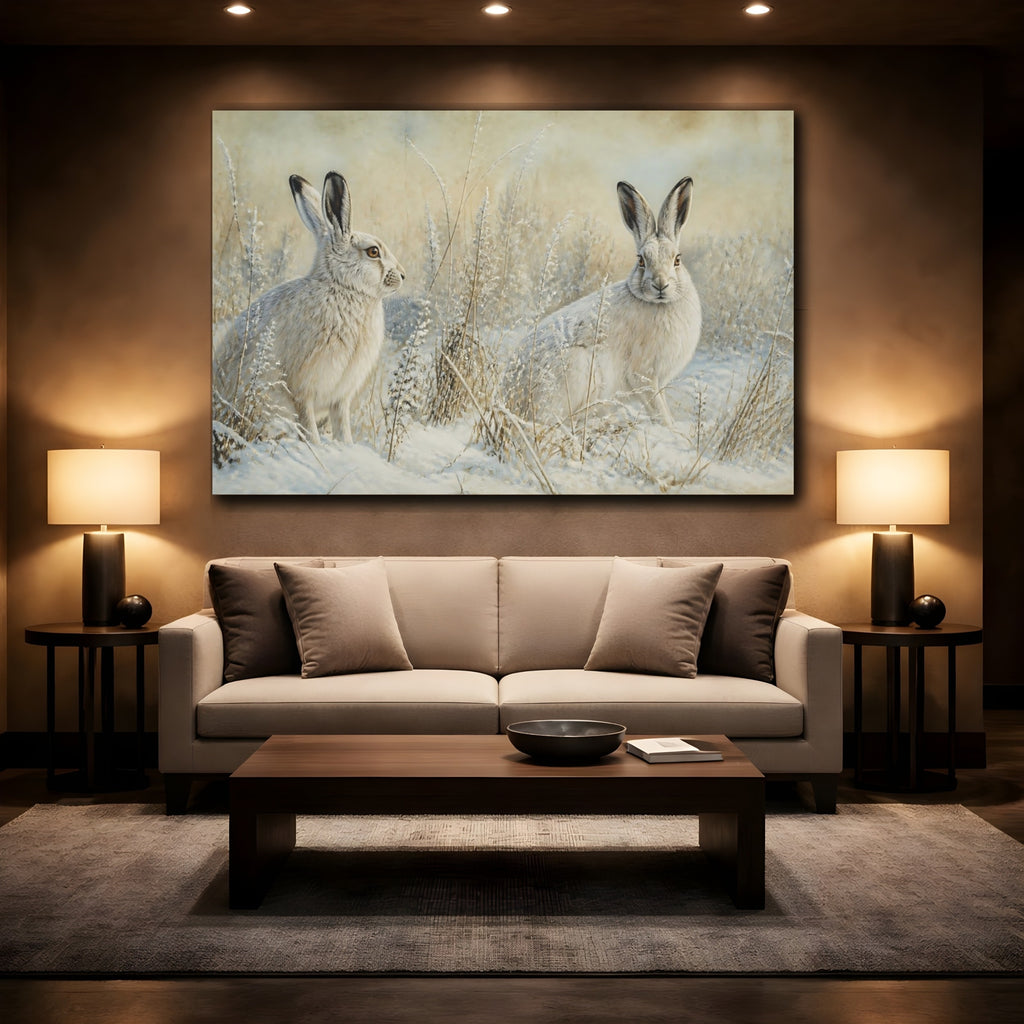 Mockup 2. Animals Snow Hares Winter White Hares shown as canvas print