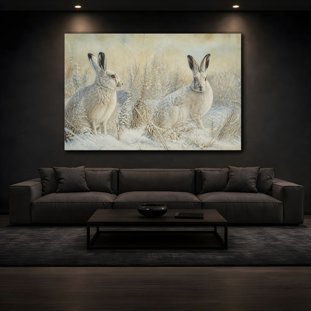 Mockup 3. Animals Snow Hares Winter White Hares shown as canvas print