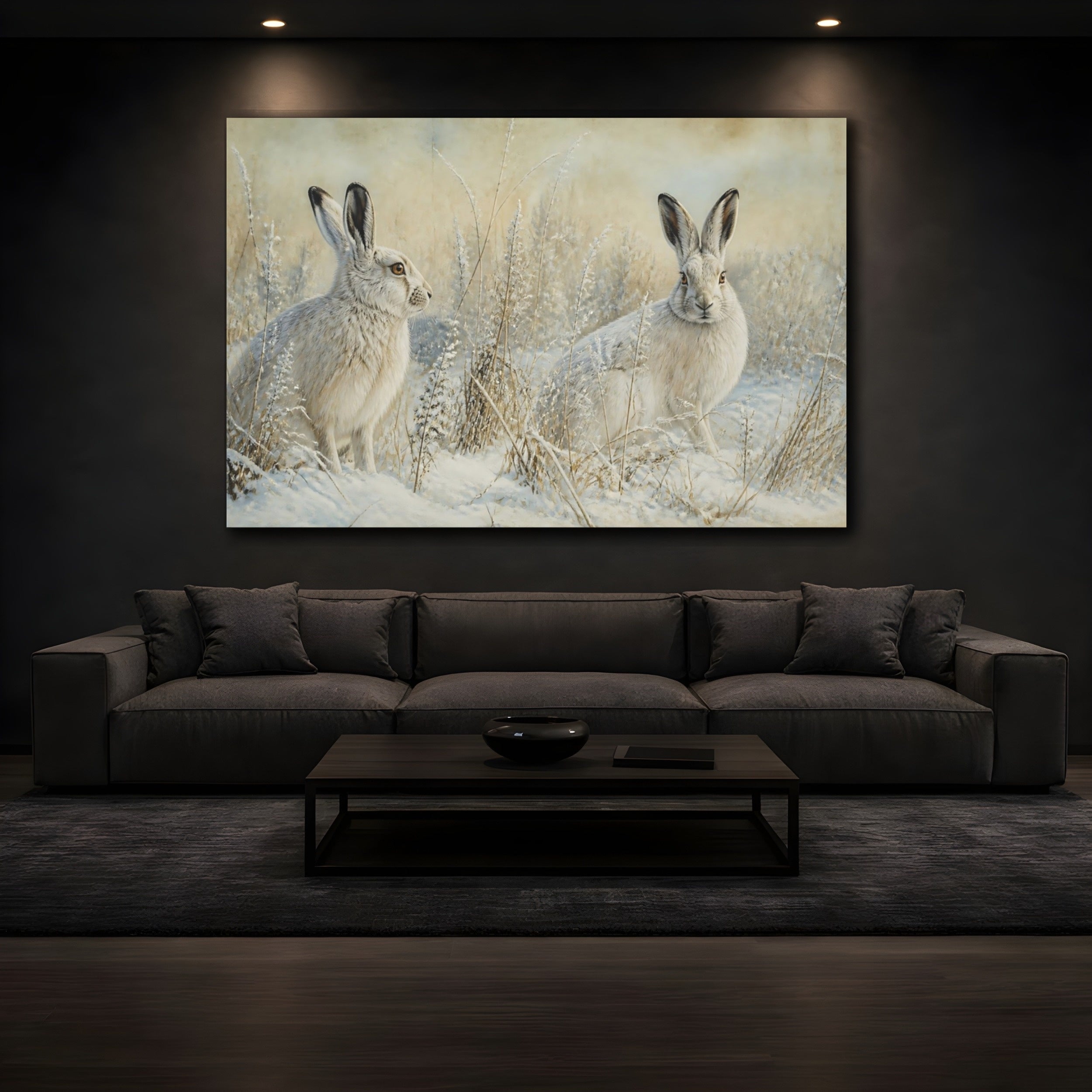 Mockup 3. Animals Snow Hares Winter White Hares shown as canvas print