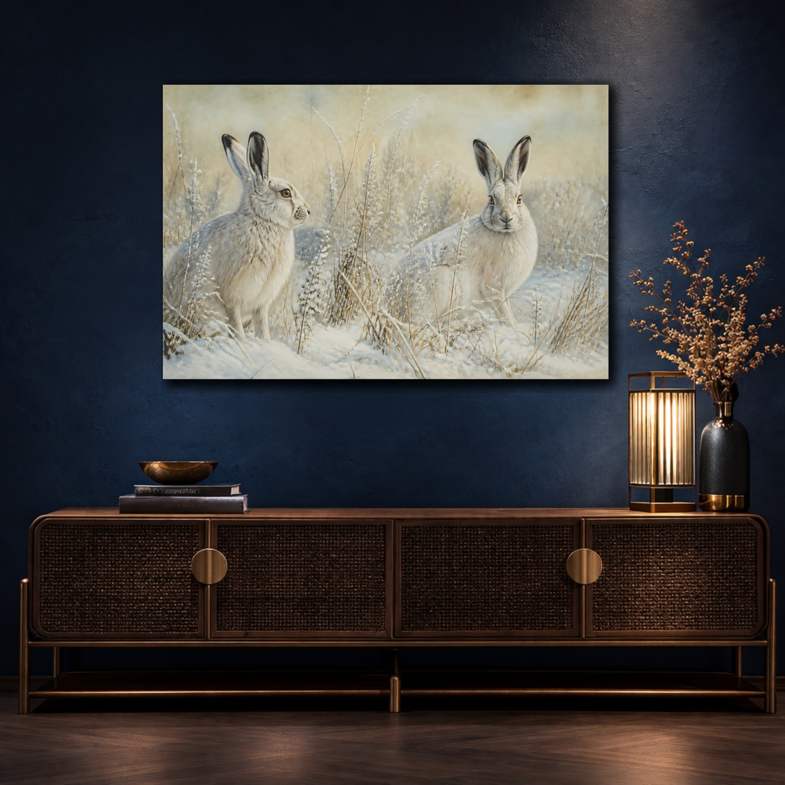 Mockup 4. Animals Snow Hares Winter White Hares shown as canvas print