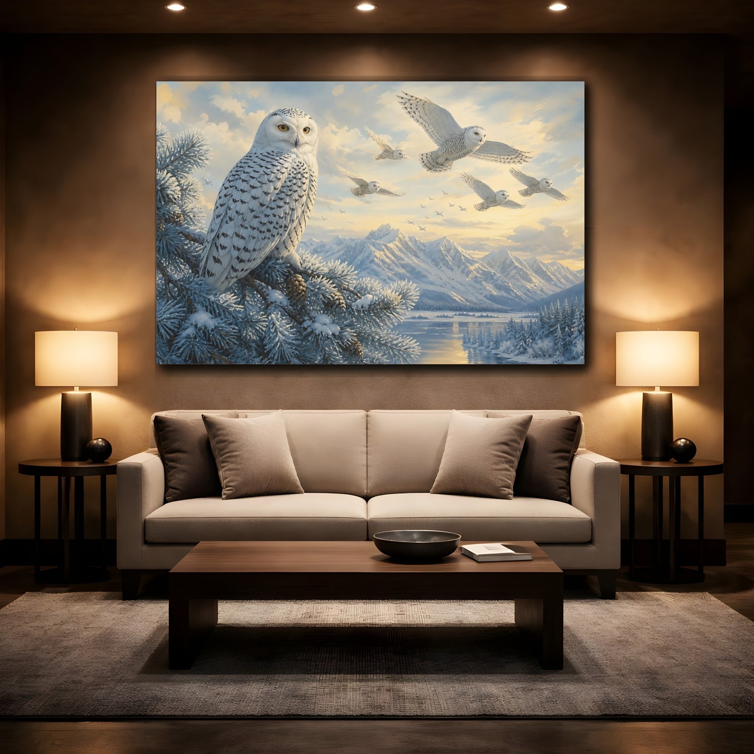 Mockup 2. Animals Snowy Owls White And Blue shown as canvas print