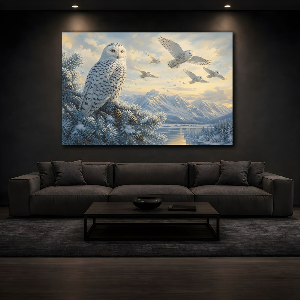 Mockup 3. Animals Snowy Owls White And Blue shown as canvas print