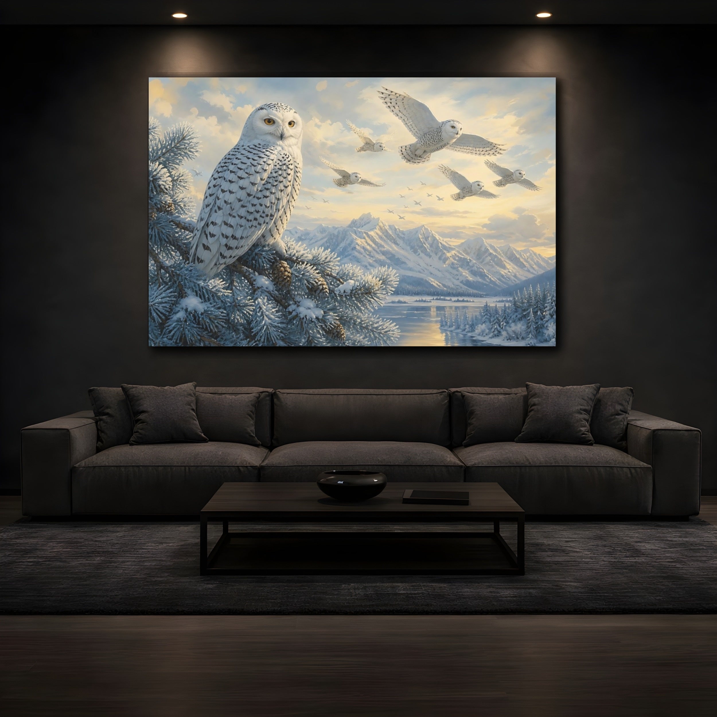 Mockup 3. Animals Snowy Owls White And Blue shown as canvas print