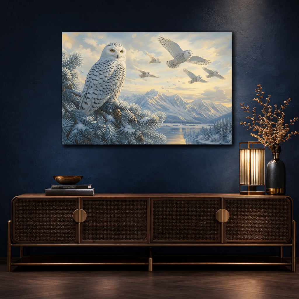 Mockup 4. Animals Snowy Owls White And Blue shown as canvas print