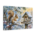 Side Mockup 4. Animals Squirrel, Bird Winter Wildlife shown as stretched canvas wall art