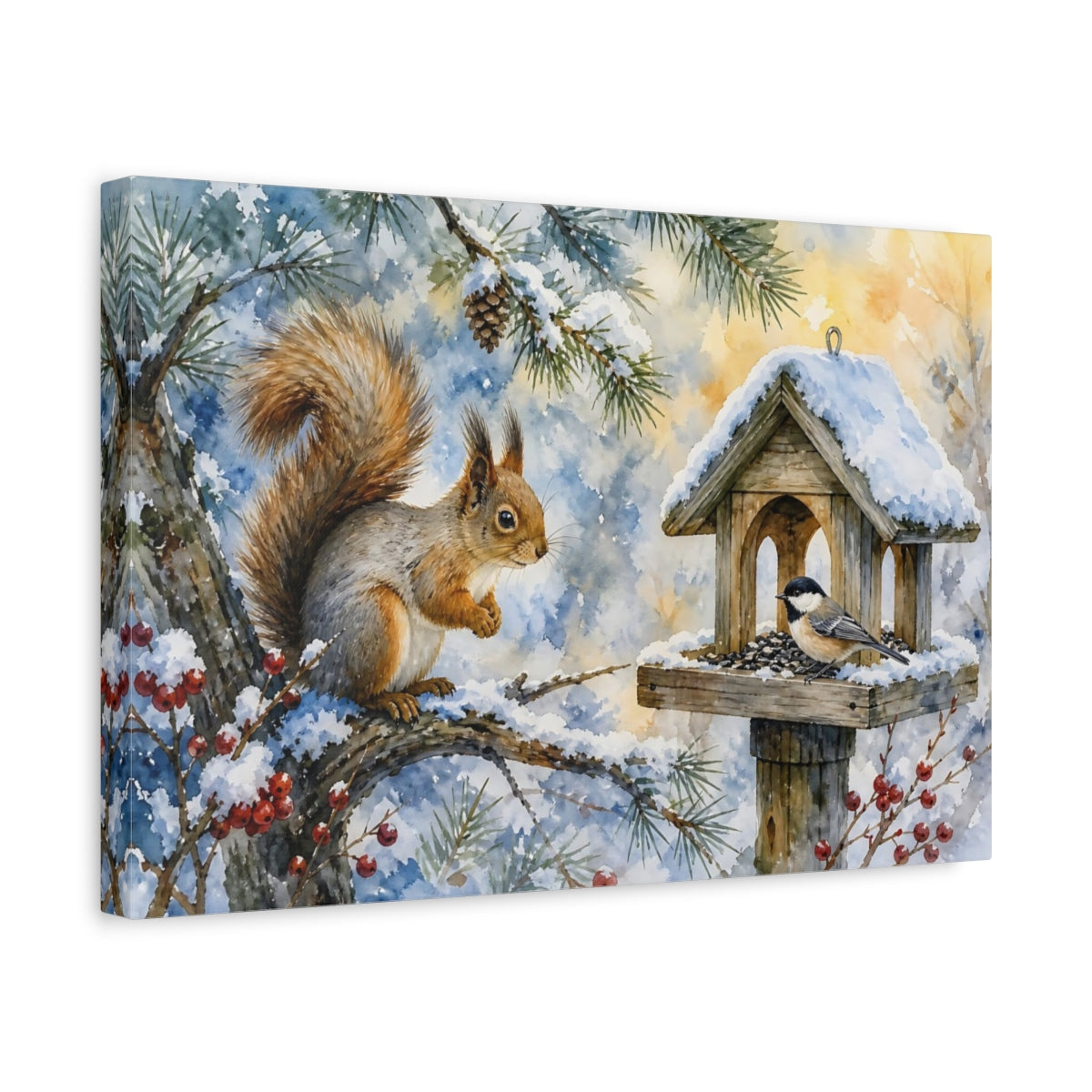 Side Mockup 4. Animals Squirrel, Bird Winter Wildlife shown as stretched canvas wall art