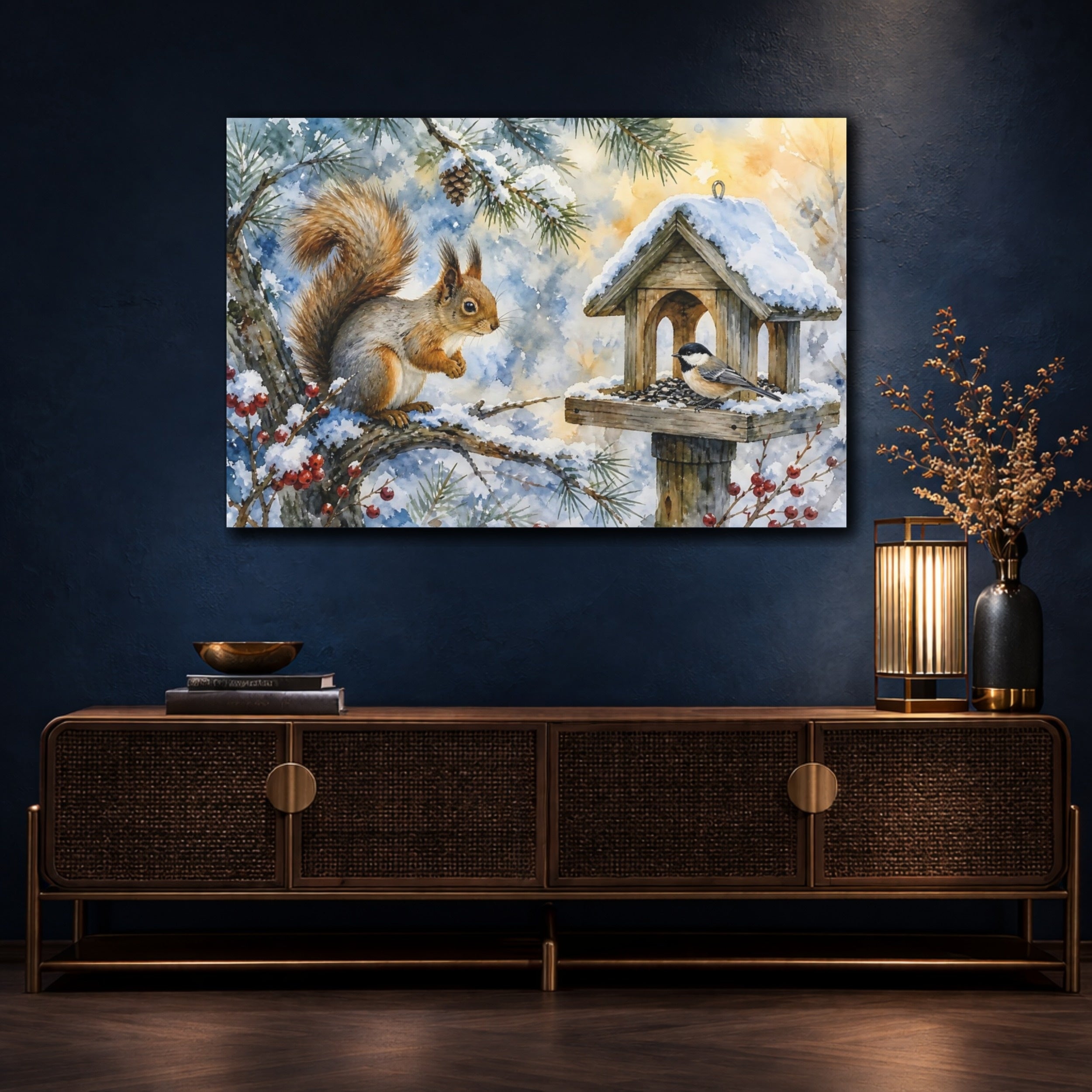 Mockup 4. Animals Squirrel, Bird Winter Wildlife shown as stretched canvas wall art