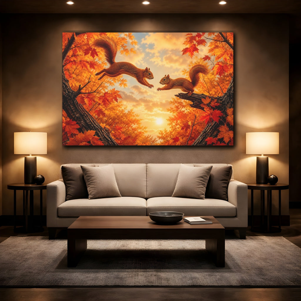 Mockup 2. Animals Squirrels Orange Squirrels shown as stretched canvas wall art