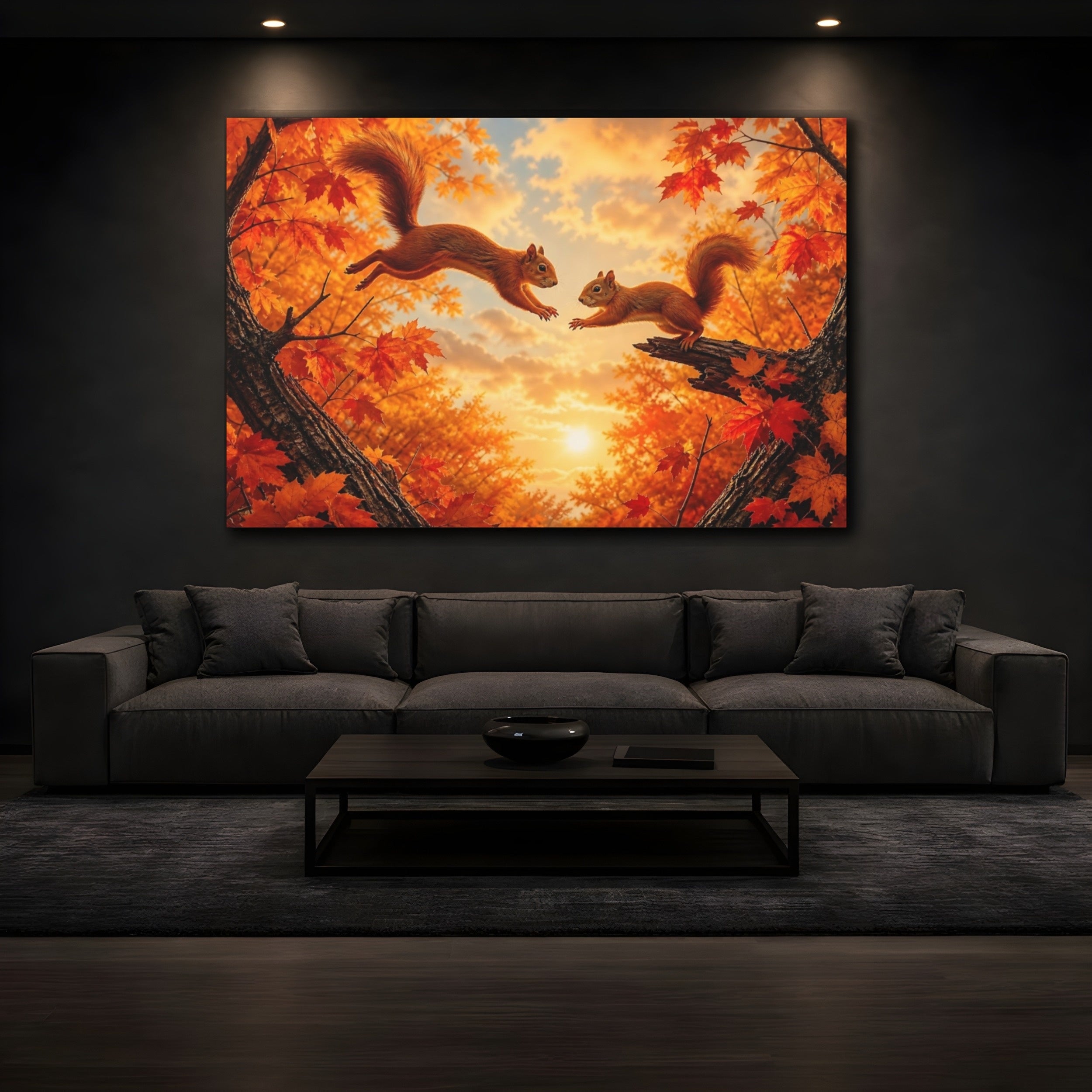 Mockup 3. Animals Squirrels Orange Squirrels shown as stretched canvas wall art