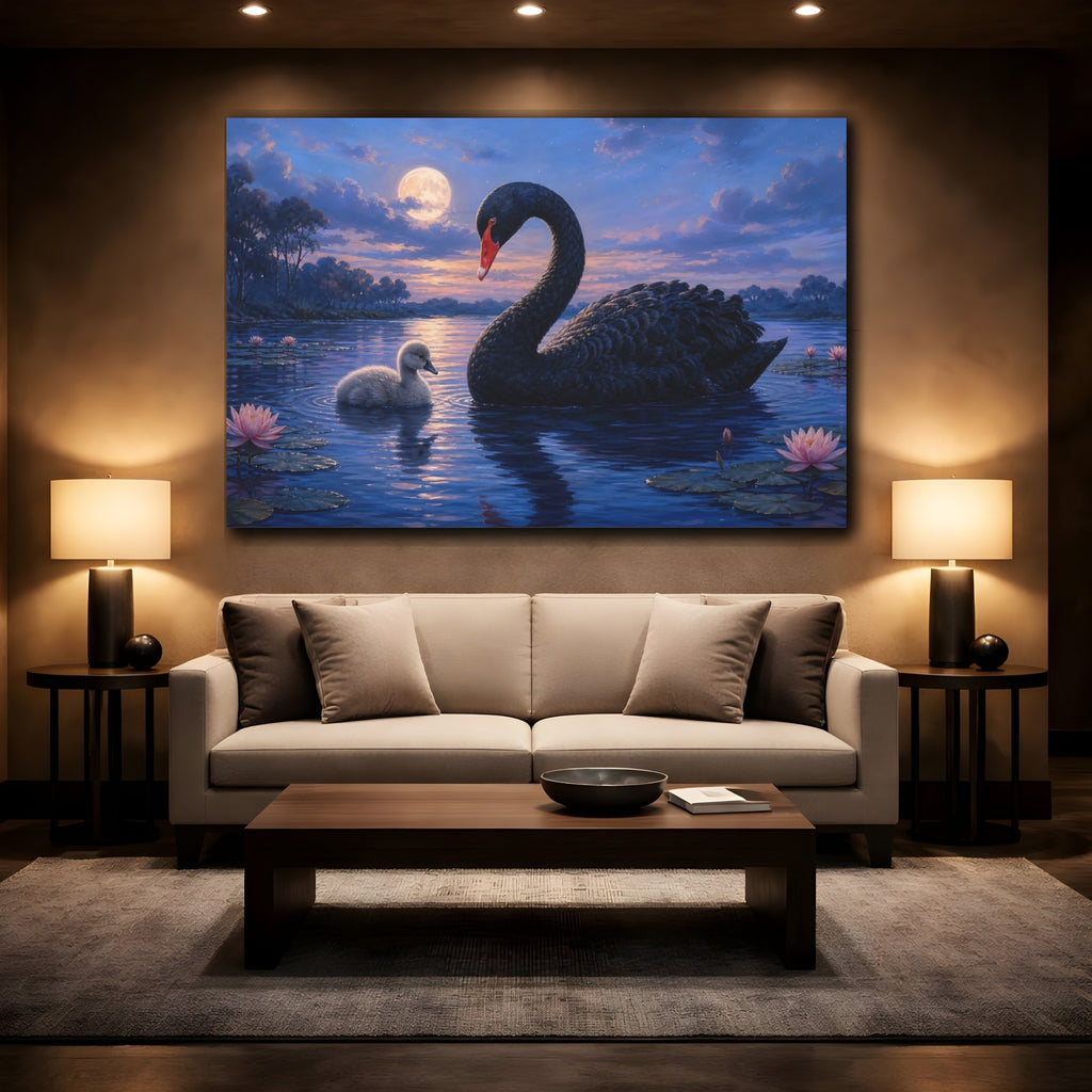 Mockup 2. Animals Swan And Cygnet Blue Black Animals shown as canvas print