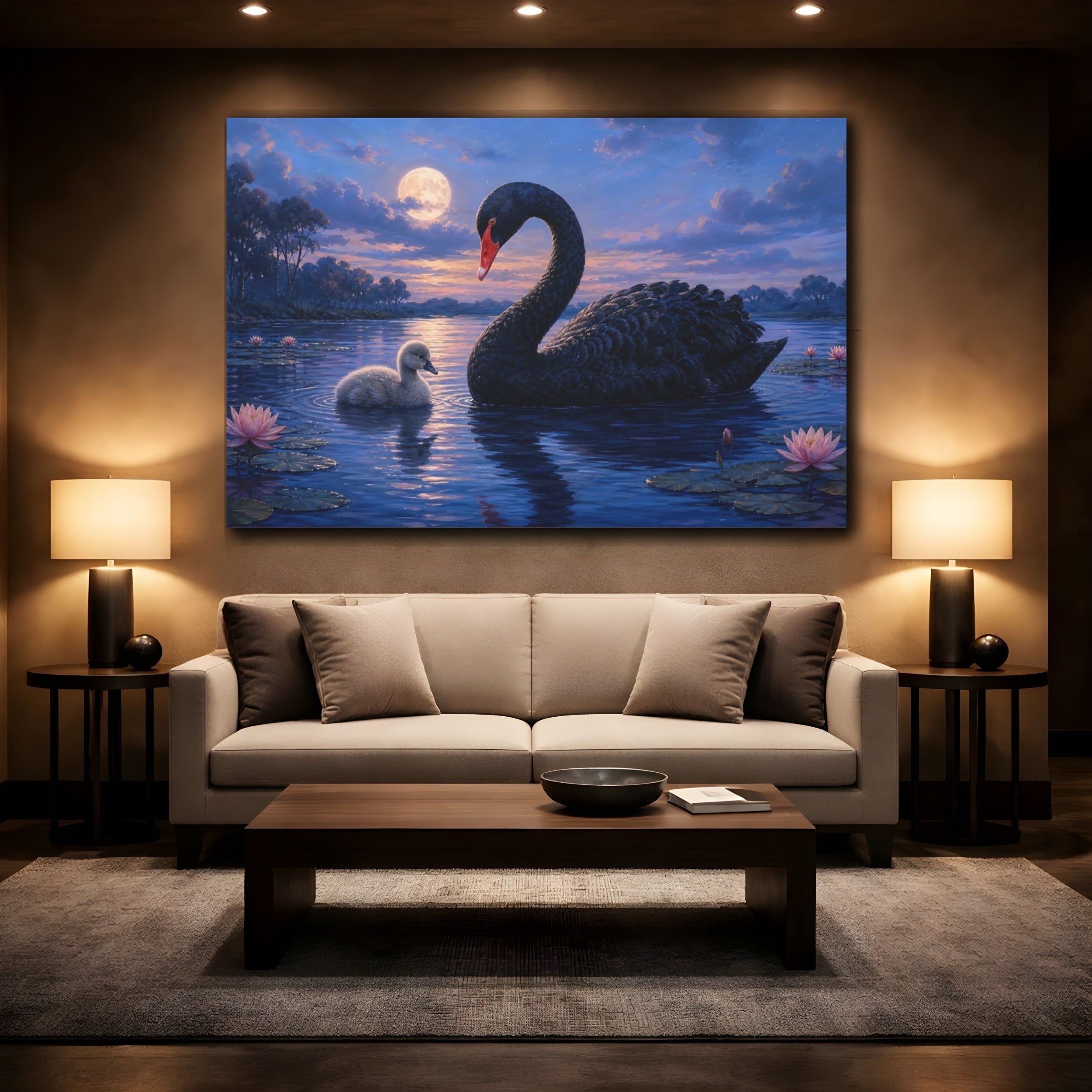 Mockup 2. Animals Swan And Cygnet Blue Black Animals shown as canvas print