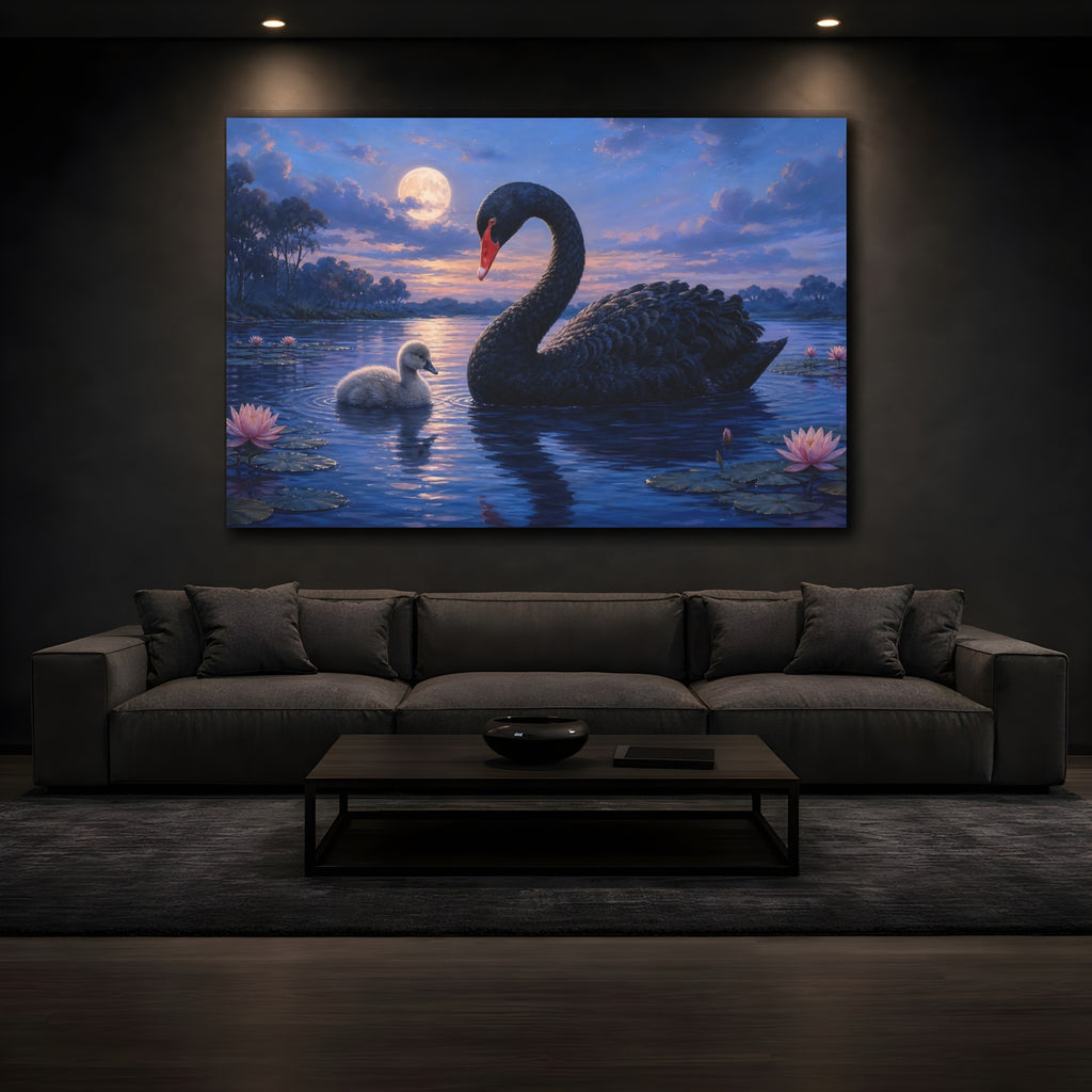 Mockup 3. Animals Swan And Cygnet Blue Black Animals shown as canvas print