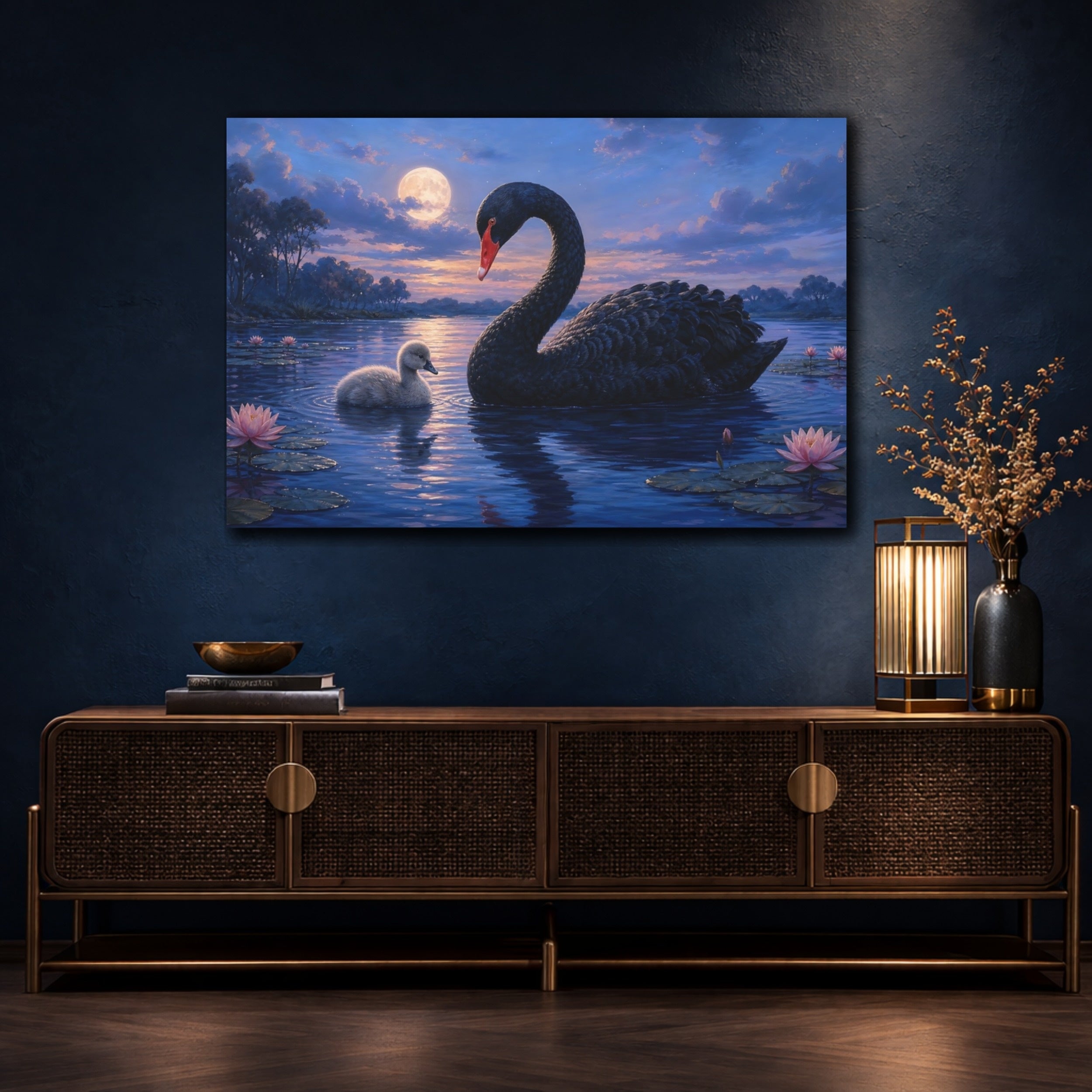 Mockup 4. Animals Swan And Cygnet Blue Black Animals shown as canvas print