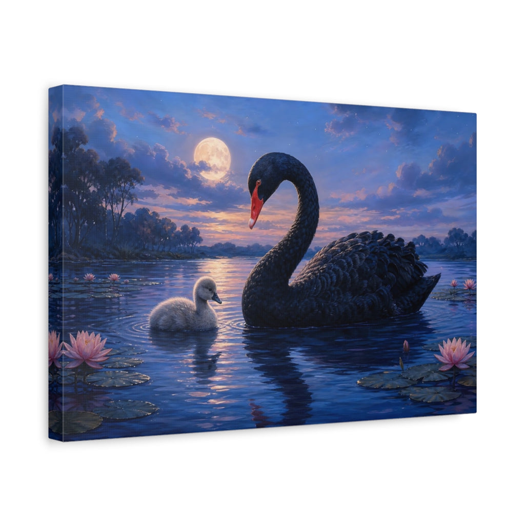 Side Mockup 4. Animals Swan And Cygnet Blue Black Animals shown as canvas print
