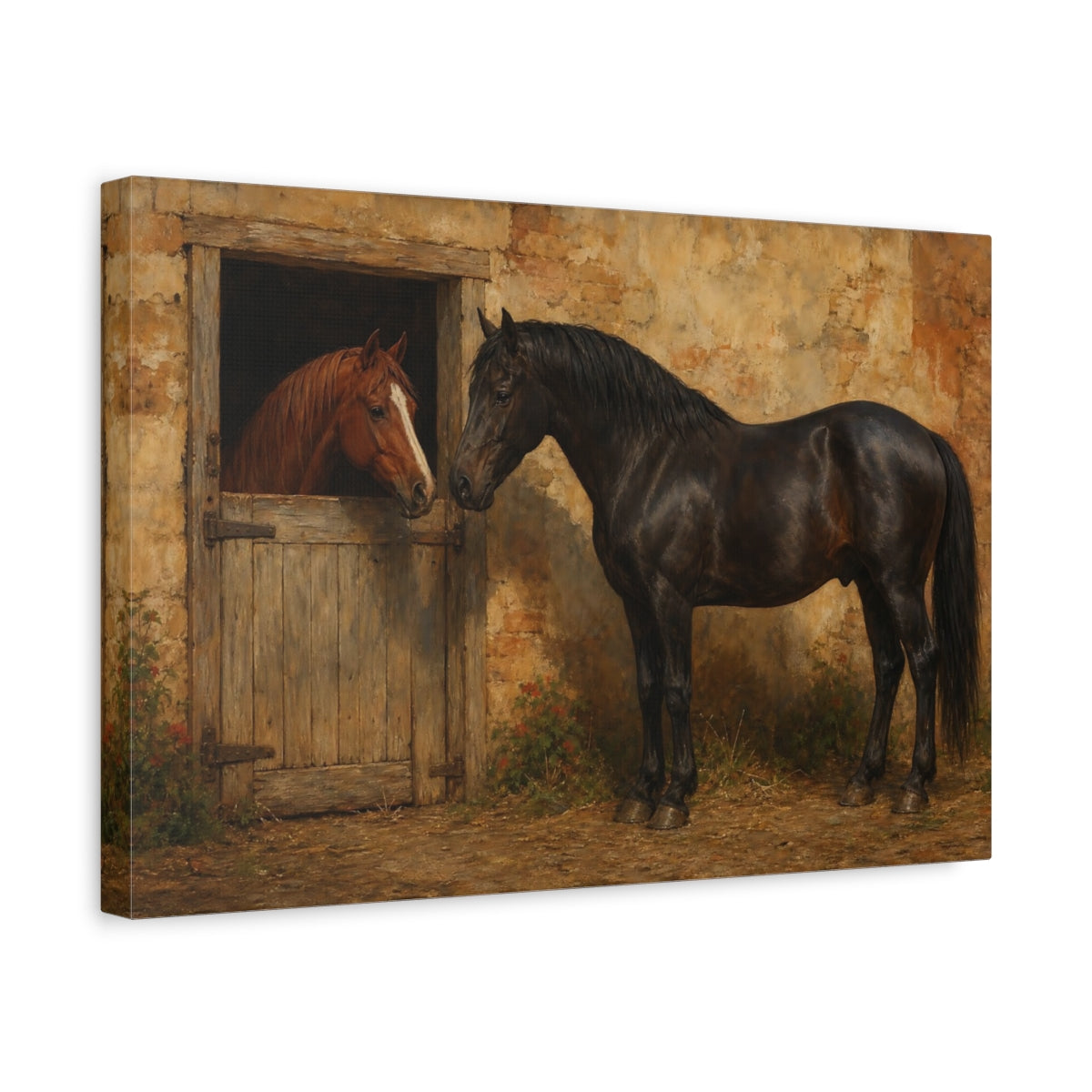 Side Mockup 4. Animals Two Horses Brown And Black Horses shown as canvas print