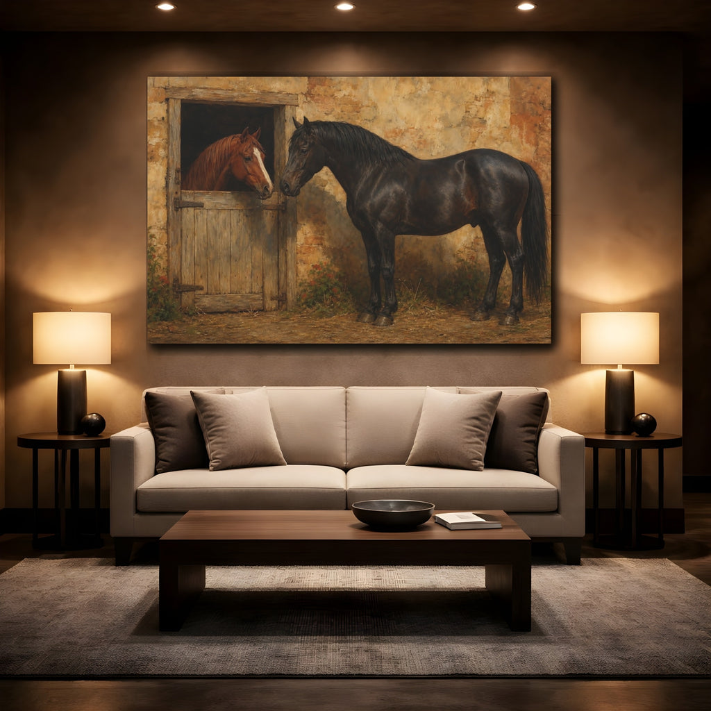 Mockup 2. Animals Two Horses Brown And Black Horses shown as canvas print