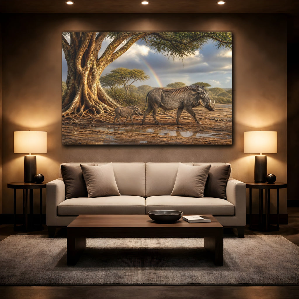 Mockup 2. Animals Warthogs African Warthogs Rainbow shown as canvas print