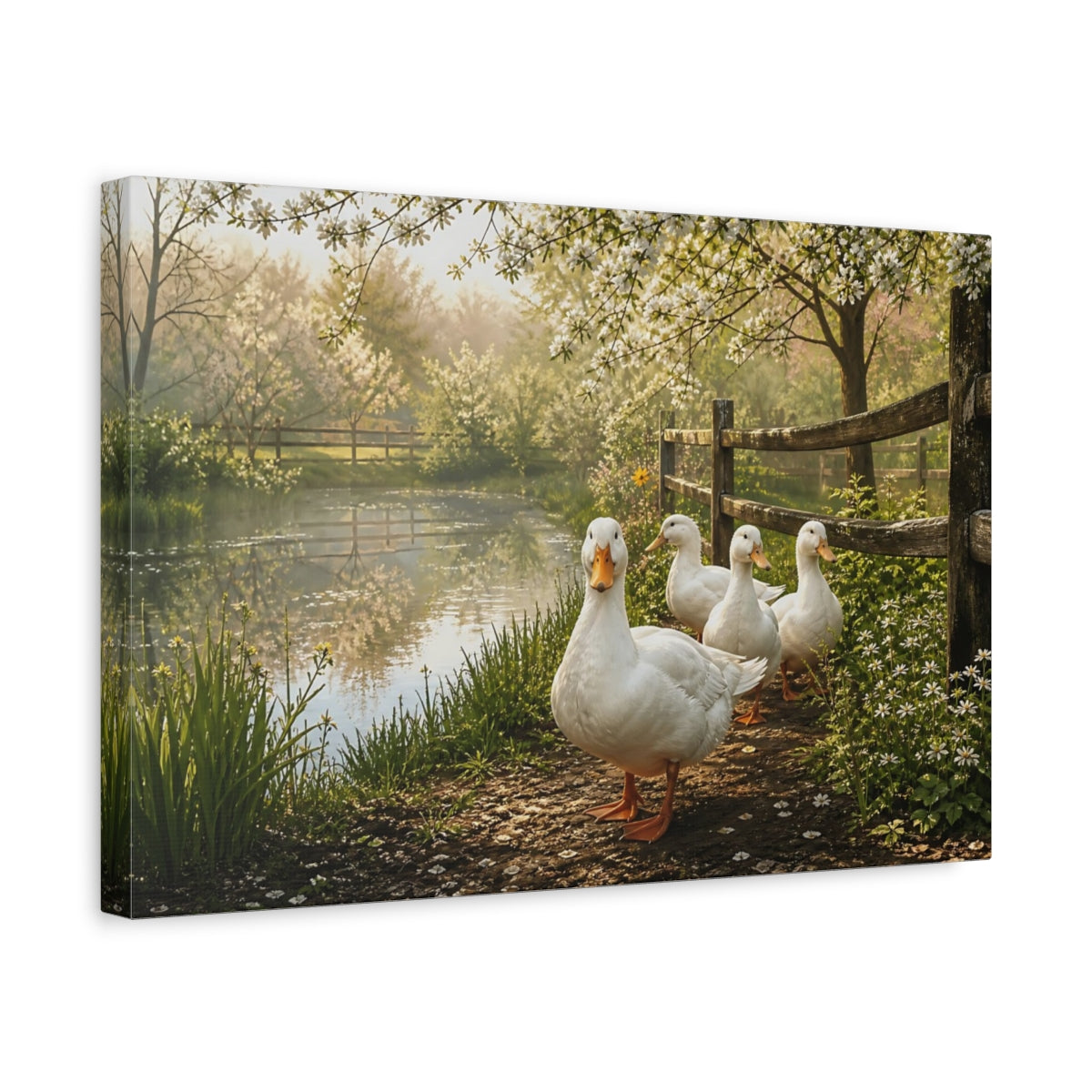 Side Mockup 4. Animals White Ducks White Ducks Pond shown as canvas print