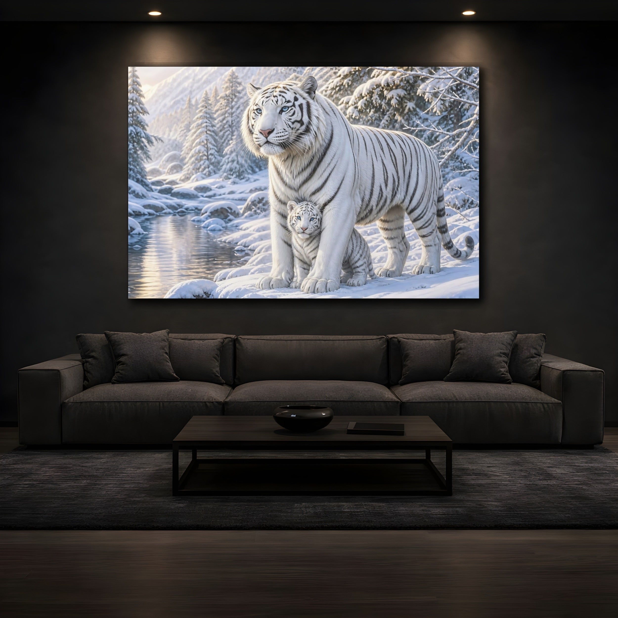 Mockup 3. Animals White Tigers White Tiger Winter shown as stretched canvas wall art