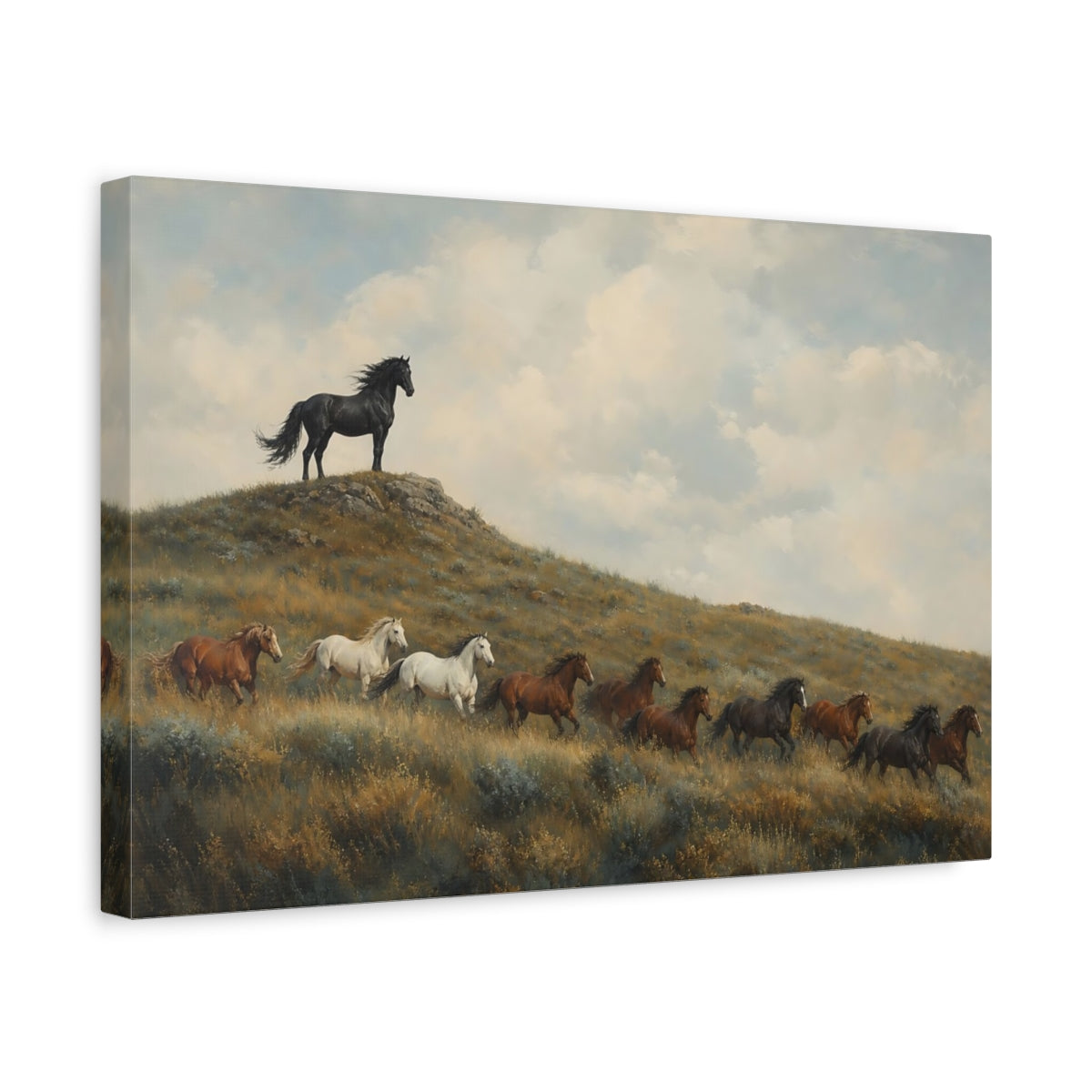 Side Mockup 4. Animals Wild Horses Brown And Blue shown as stretched canvas wall art