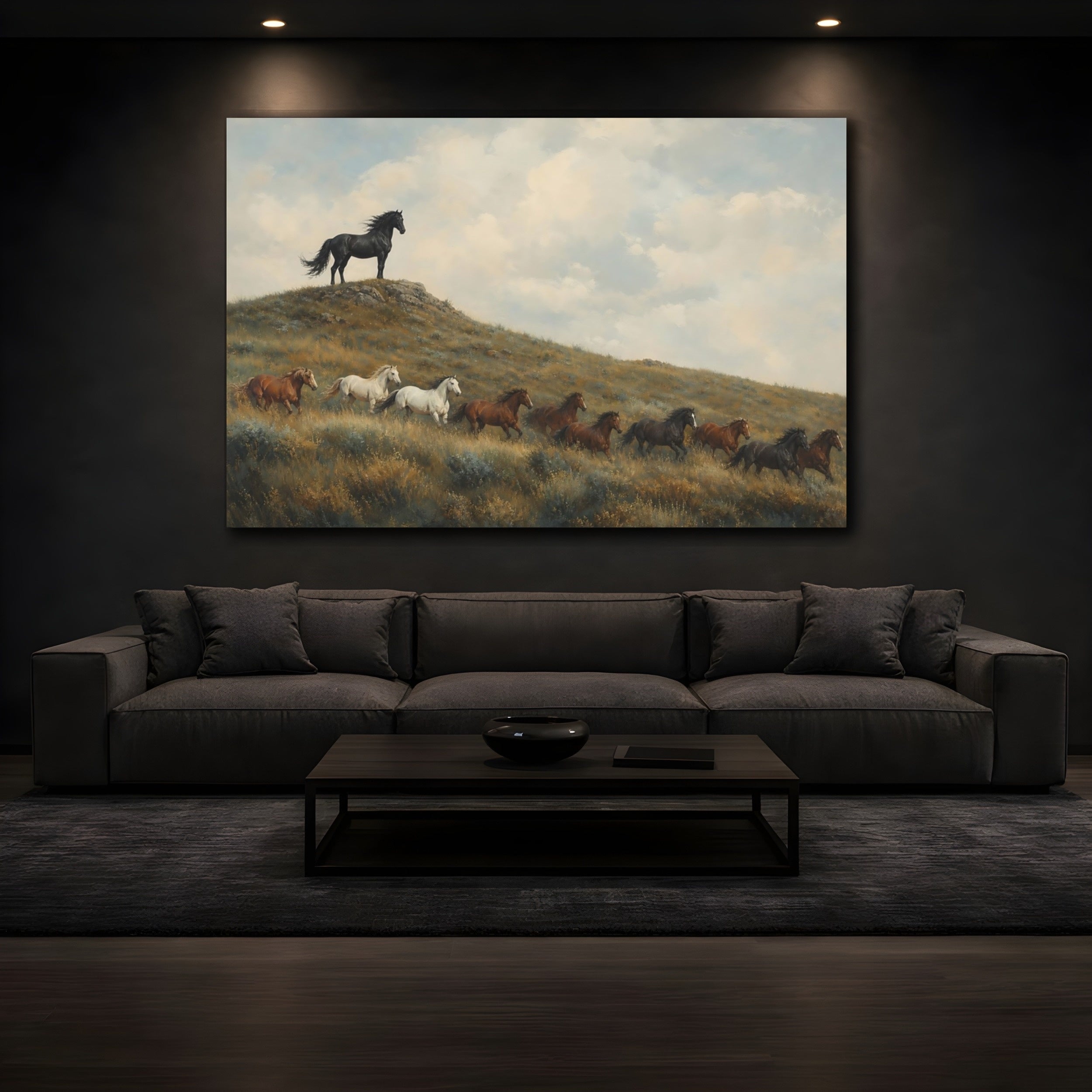Mockup 3. Animals Wild Horses Brown And Blue shown as stretched canvas wall art