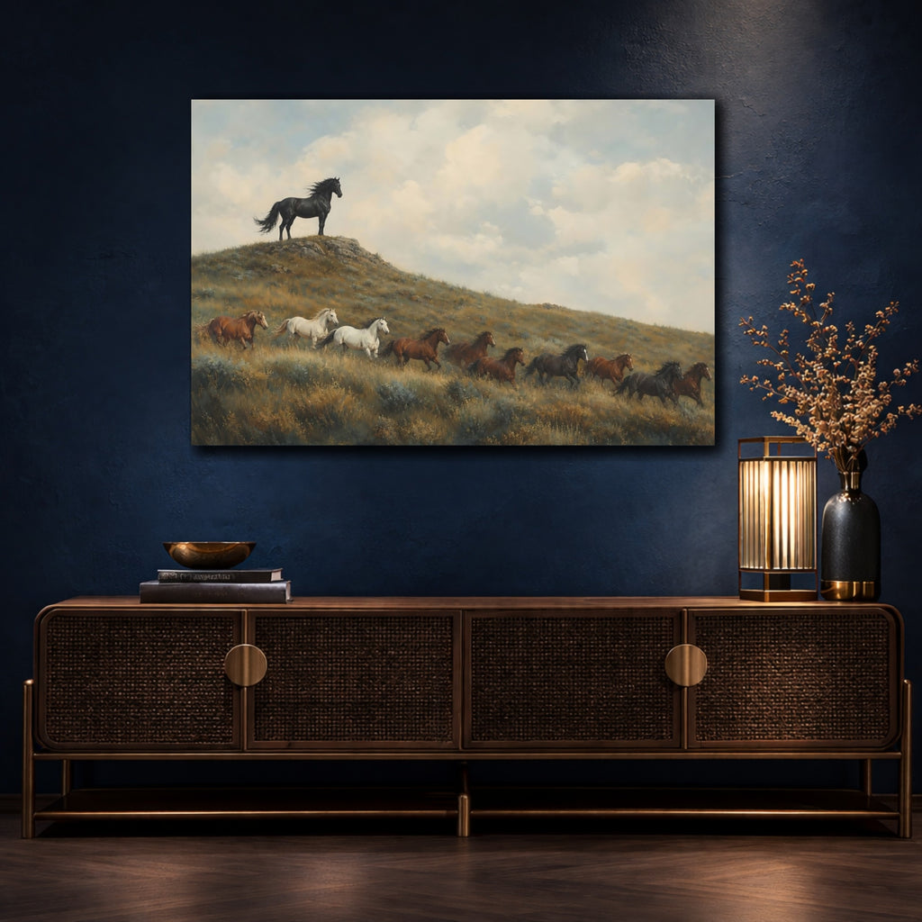 Mockup 4. Animals Wild Horses Brown And Blue shown as stretched canvas wall art